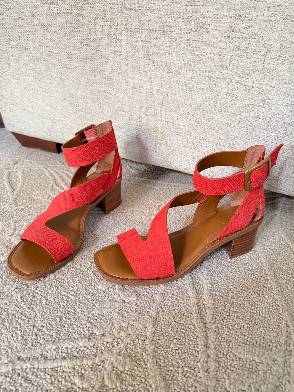 Franco Sarto Orange Red Embossed Leather Strap Low Square Toe Heel Sandal NWOT